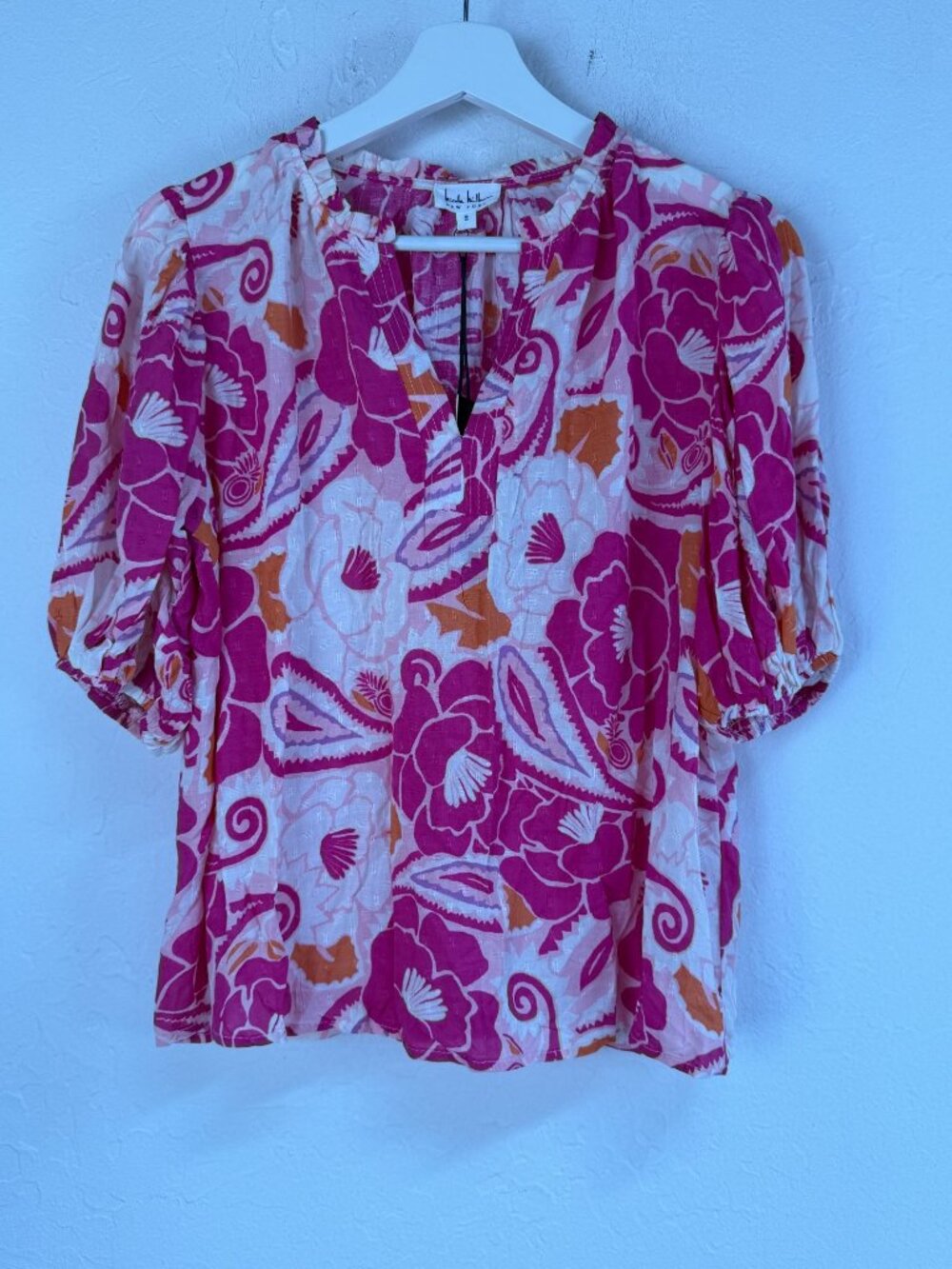 NICOLE MILLER NEW YORK Pink Orange Floral Paisley Puff Sleeve Blouse Small New
